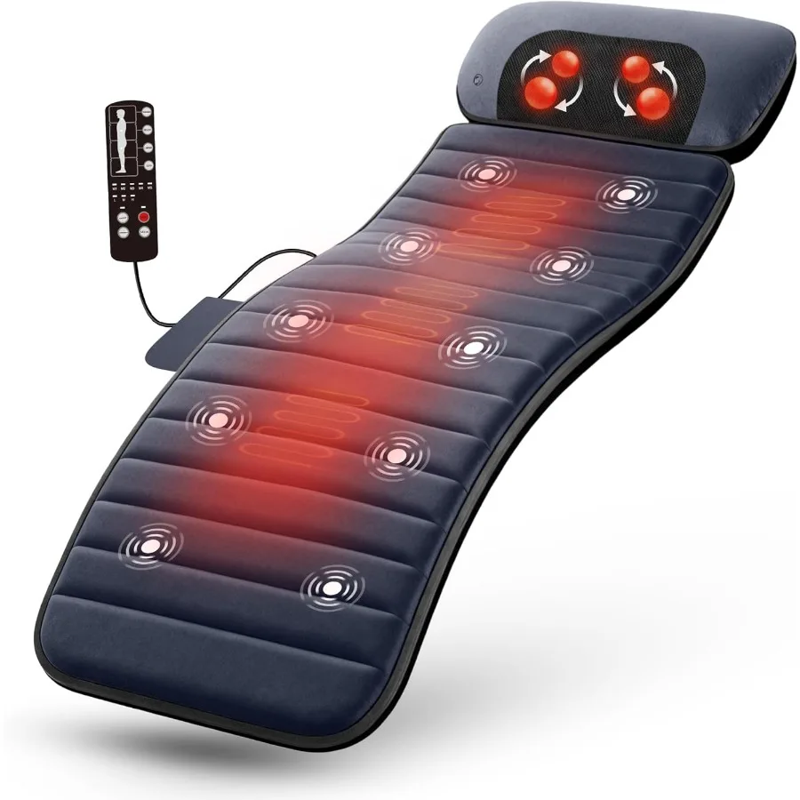 

Массажный коврик для всего тела с тепловой независимой подушкой-массажером для шеи шиацу, 10 вибрационных двигателей, 5 режимов и 3 интенсивности, складной