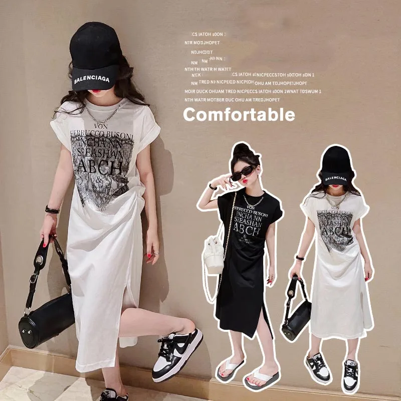 

2024 Korean Spring Autumn Junior Girl One-piece Dress School Girl Letter Printed Slit Dress Children Girl Drawstring Dress