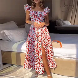 Sexy Square Neck Flying Sleeve Long Dress Elegant Floral Print Hight Waist Party Dress Women Fashion Button Pleated Bohe Dresses