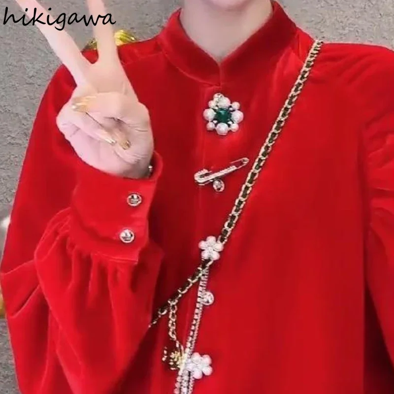 Korean Velvet Camisas De Mujer Pink Blouses for Women Temperament Lady Tops Oversized Shirts Stand Neck Vintage Fashion Blouse