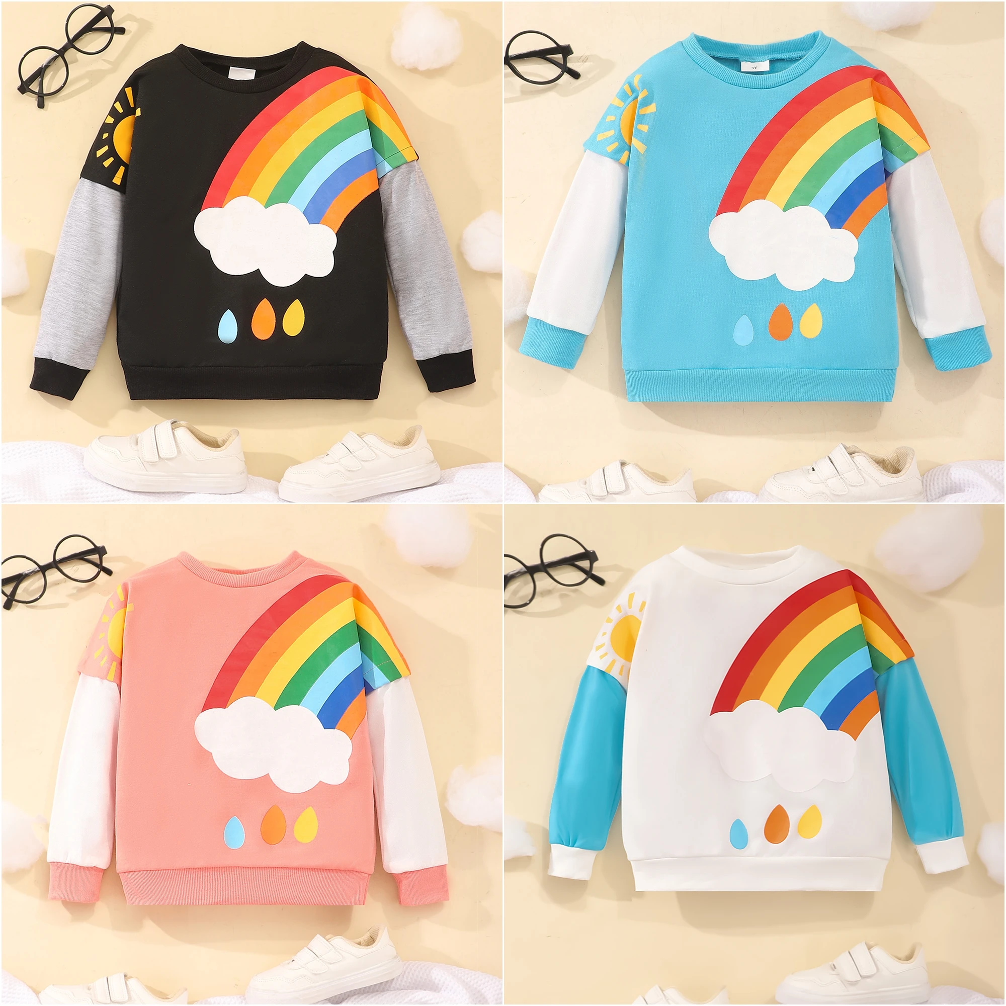 2023 Autumn Winter Boys and Girls Top Children Wear Long Sleeve Round Neck Rainbow Print Cartoon Children\'s Wear 3 4 5 6 7 Years