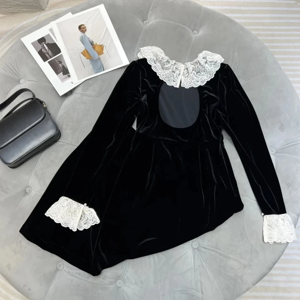 2024 new women's fashion long-sleeved crew neck lace lace splicing velvet backless hollow dress