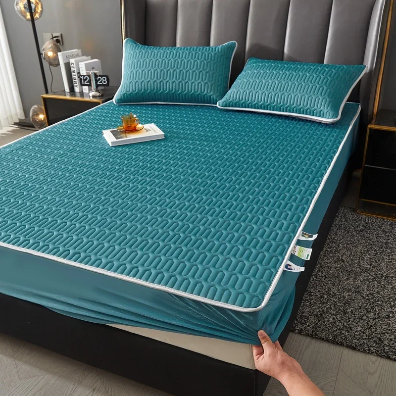 

2024 new style 0.5 thick cool silk latex floor mat and fitted sheet popular three-piece set