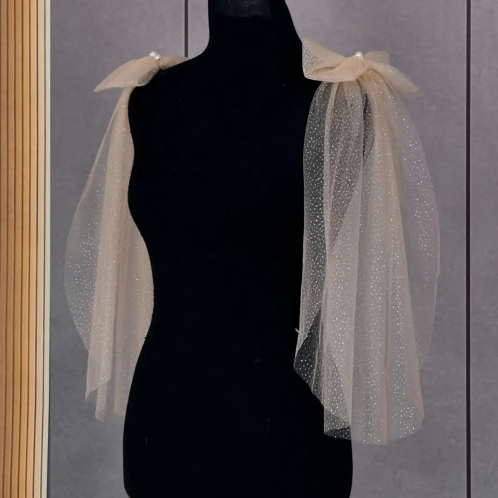 1 пара плиссированных тюлевых свадебных платьев для невесты, шаль, золотая марля, блестящий бант, прозрачная шаль, свадебные аксессуары, жемчуг