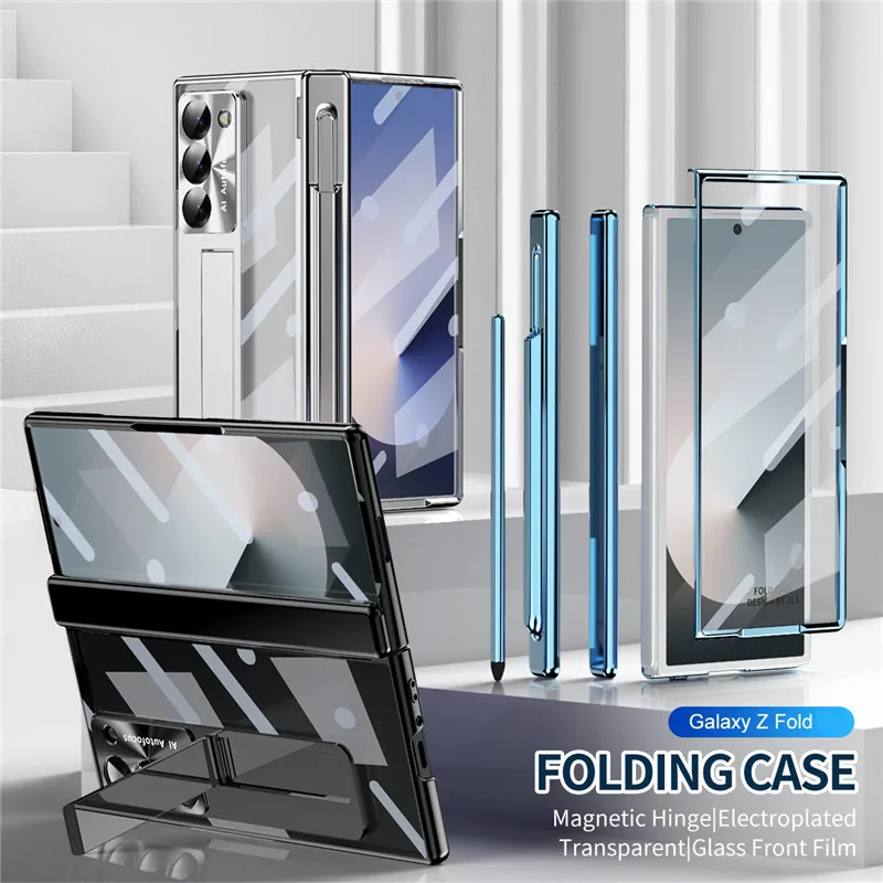 With S Pen Screen Film Plating Case For Samsung Galaxy Z Fold 8 Ultra 7 6 5 4 3 Fold8 5G Magnetic Double Hinge Protection Cover