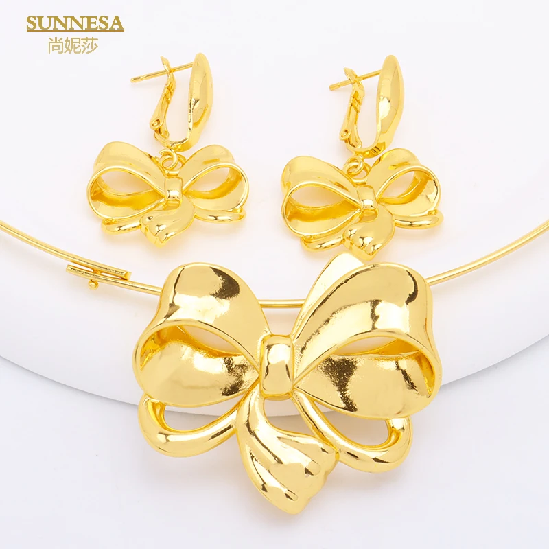 SUNNESA Fashion Gold Plated African Jewelry Set For Women Dubai Bride Wedding Gift BowKnot Round Necklace Earrings Jewellery