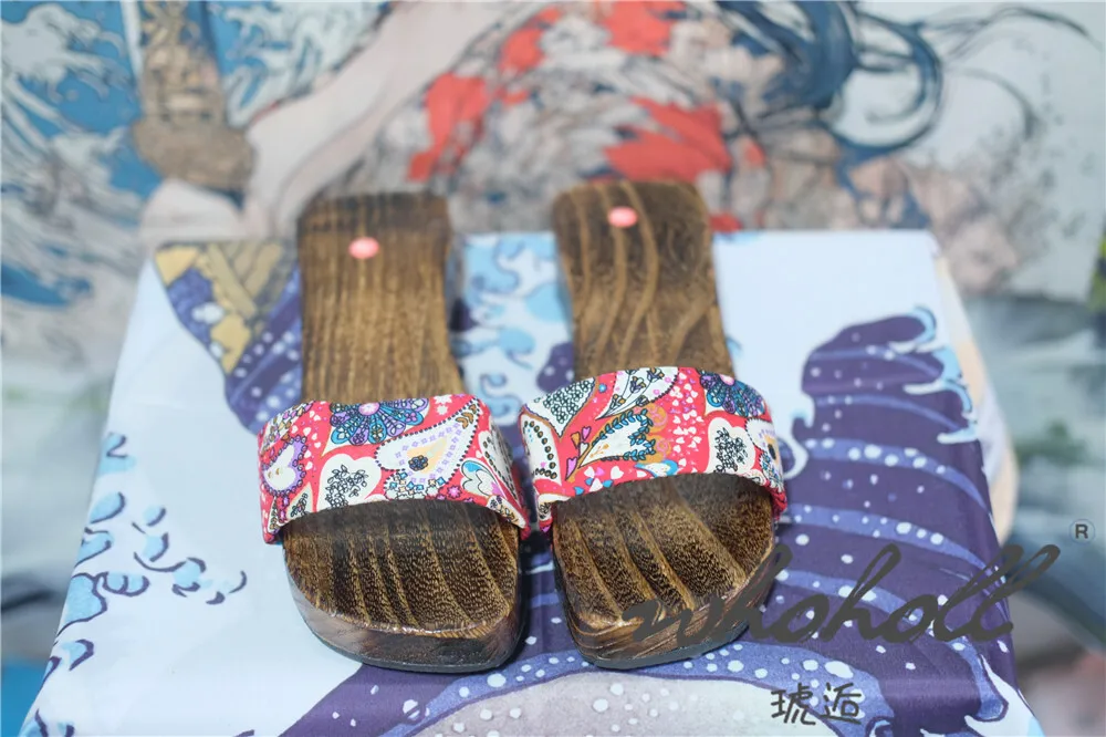 Japanische Holzclogs Damen Flip Flops Cosplay Hausschuhe Flacher Boden Sommer Kimono Sandalen Print Slipper – Detail 6