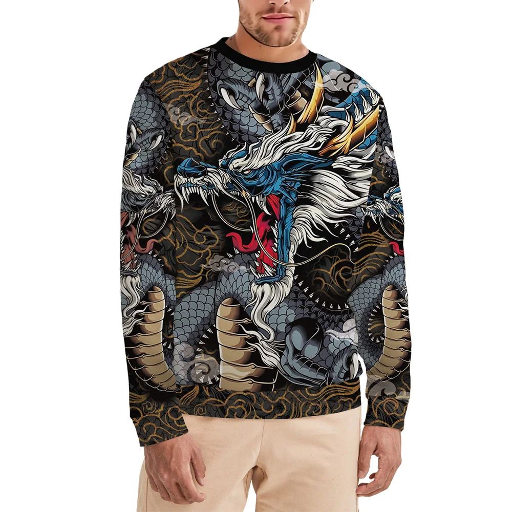 3D Printed Long Sleeve New Year Men's Dragon Graphic Sweatshirt Crew Neck Pullover Clothing Auspicious Clouds Pull On Top