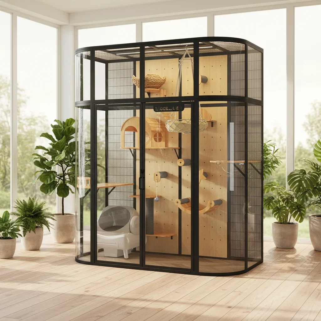 a forLiving Room Cat Villa Elegant Tempered Glass Solid Wood Large Space Multi Level Luxury Designer Pet Furniture Cabinet