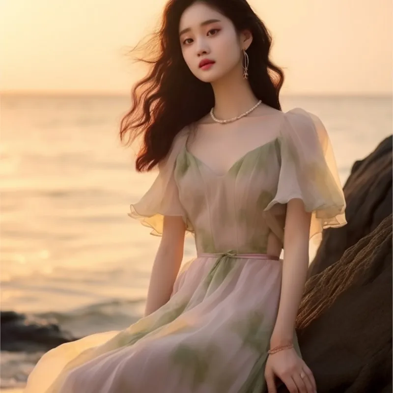 Seaside Vacation Beach Dress Super Beautiful Temperament Blooming Chiffon for Women