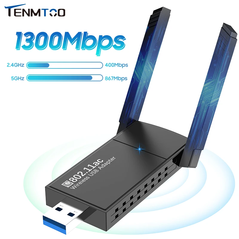 Tenmtoo Wifi Adapter USB 3.0 1300Mbps High Gain Dual Band 2.4G/5Ghz WiFi USB for PC Laptop Desktop USB Computer Network Adapter