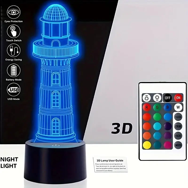 Lampe LED 3D en forme de phare, luminaire décoratif d'intérieur, idéal pour un bureau, une chambre à coucher ou une table de chevet, idée cadeau pour un ami, 7 pièces