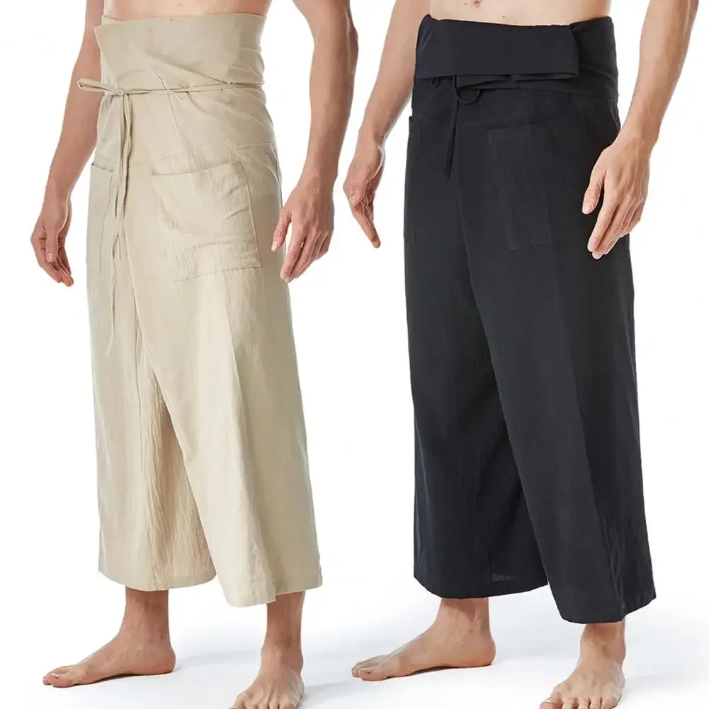 

Flax Thai Fisherman Pants Loose Men Harem Trousers Solid Color Drawstring Wide Legs Martial Arts Trousers Casual Pirate Pants