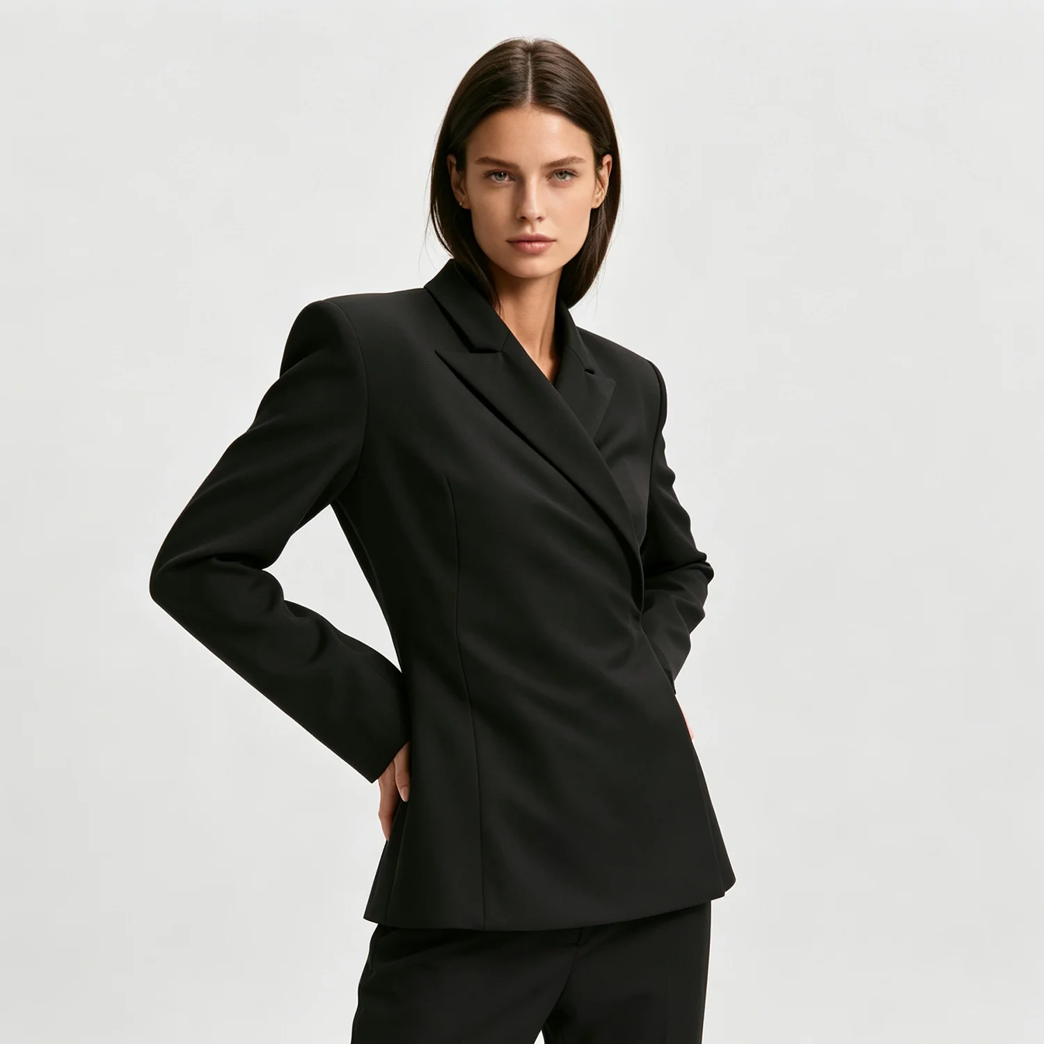 PUAL  Slim wrap black blazer, shoulder padded long sleeve jacket, elegant tailored office outerwear for women work outfits