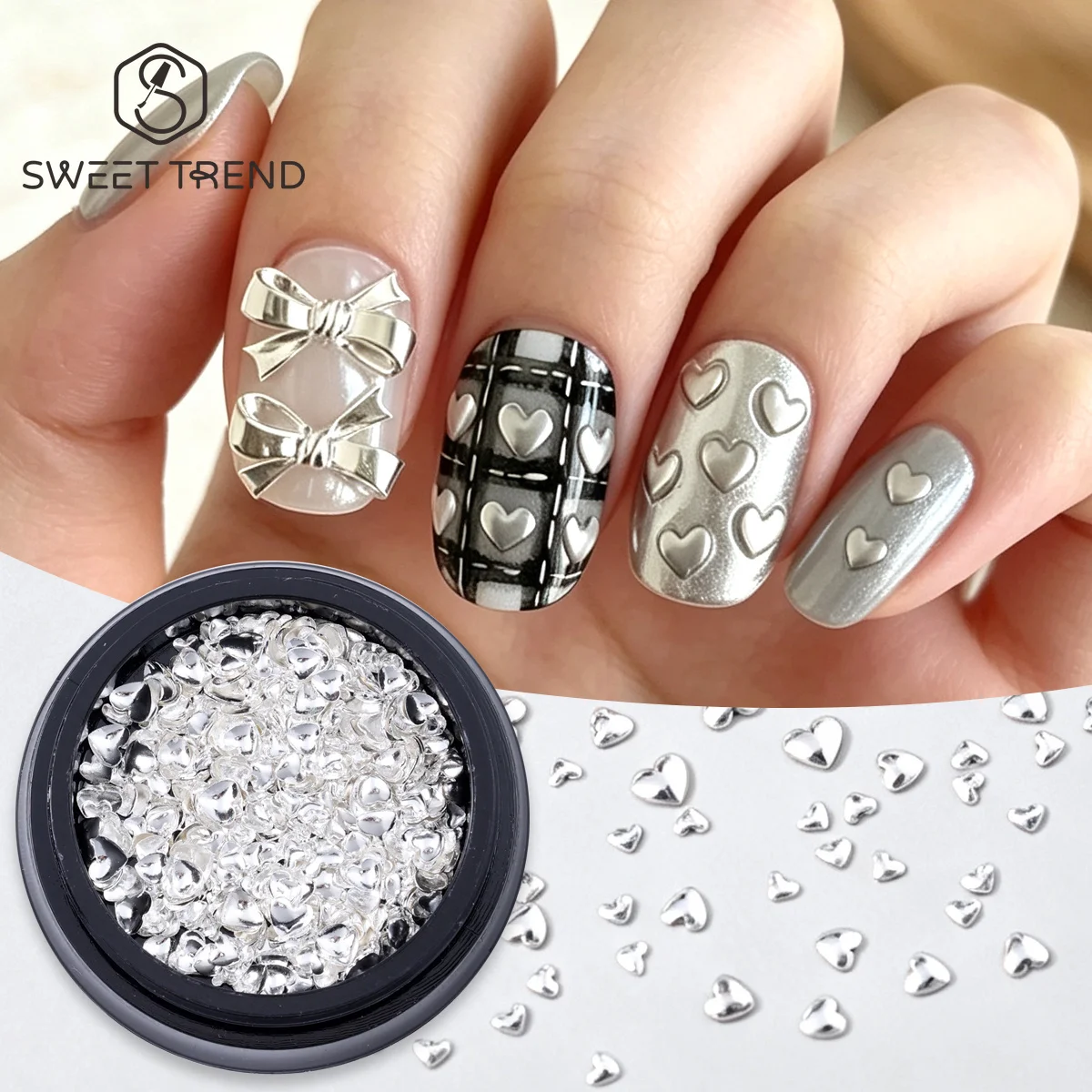 1 Bottle Y2K Silver Heart Nail Art Charms Metallic Love Slices Jewelry Simple Cool DIY Decor Japanese Style Accessories Manicure