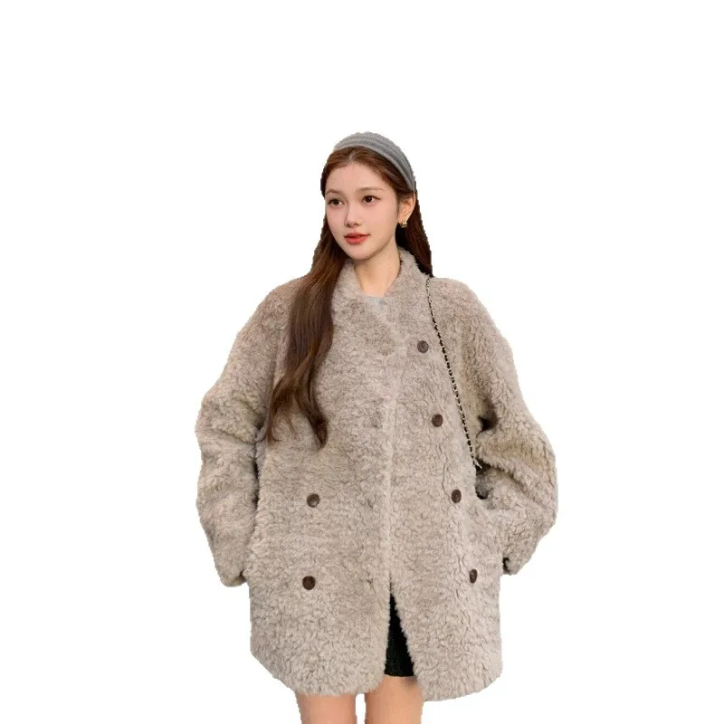 المرأة الخريف الشتاء واحدة الصدر الخامس الرقبة معطف الصوف سيدة الشارع الشهير بلون طويل الأكمام فضفاضة رقيق الصوف الفراء أبلى