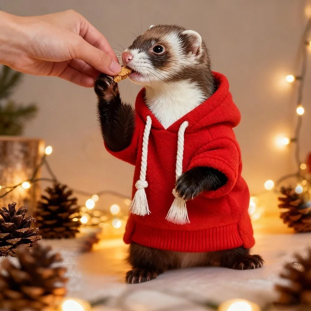 Elastic Ferret Hoodie Thick Fleece Cozy Pet Striped Sweatshirt Soft Stylish Drawstring Pet Warm Clothing