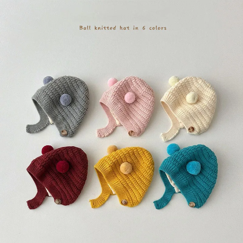 Wholesale 0-16 M Winter Baby Girls Hats Thicken Lining Boys Knit Hats Ball Knit Hat for Toddlers Ear Warm Hats