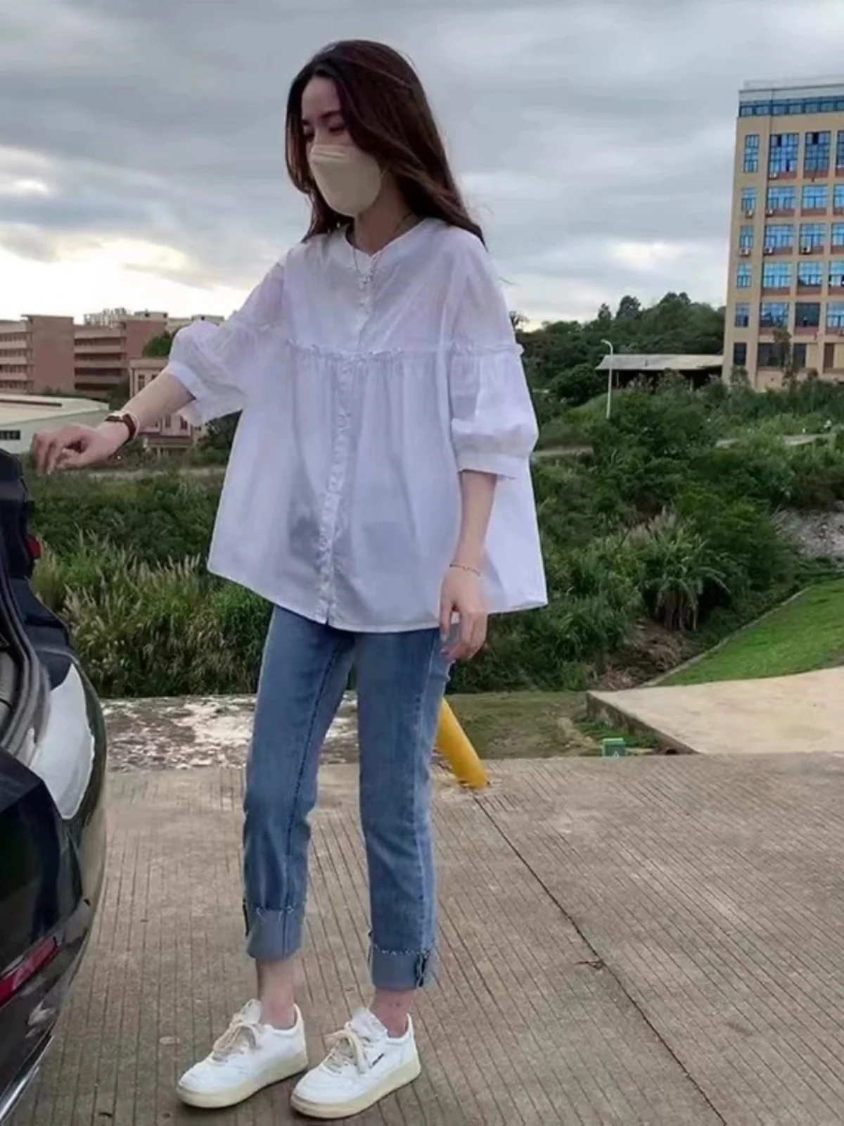 

Elegant White Shirt Women's Design Thin Sleeve Mid-Length Summer Fashion Top Doll Shirt Stylish Small Size Casual Wear