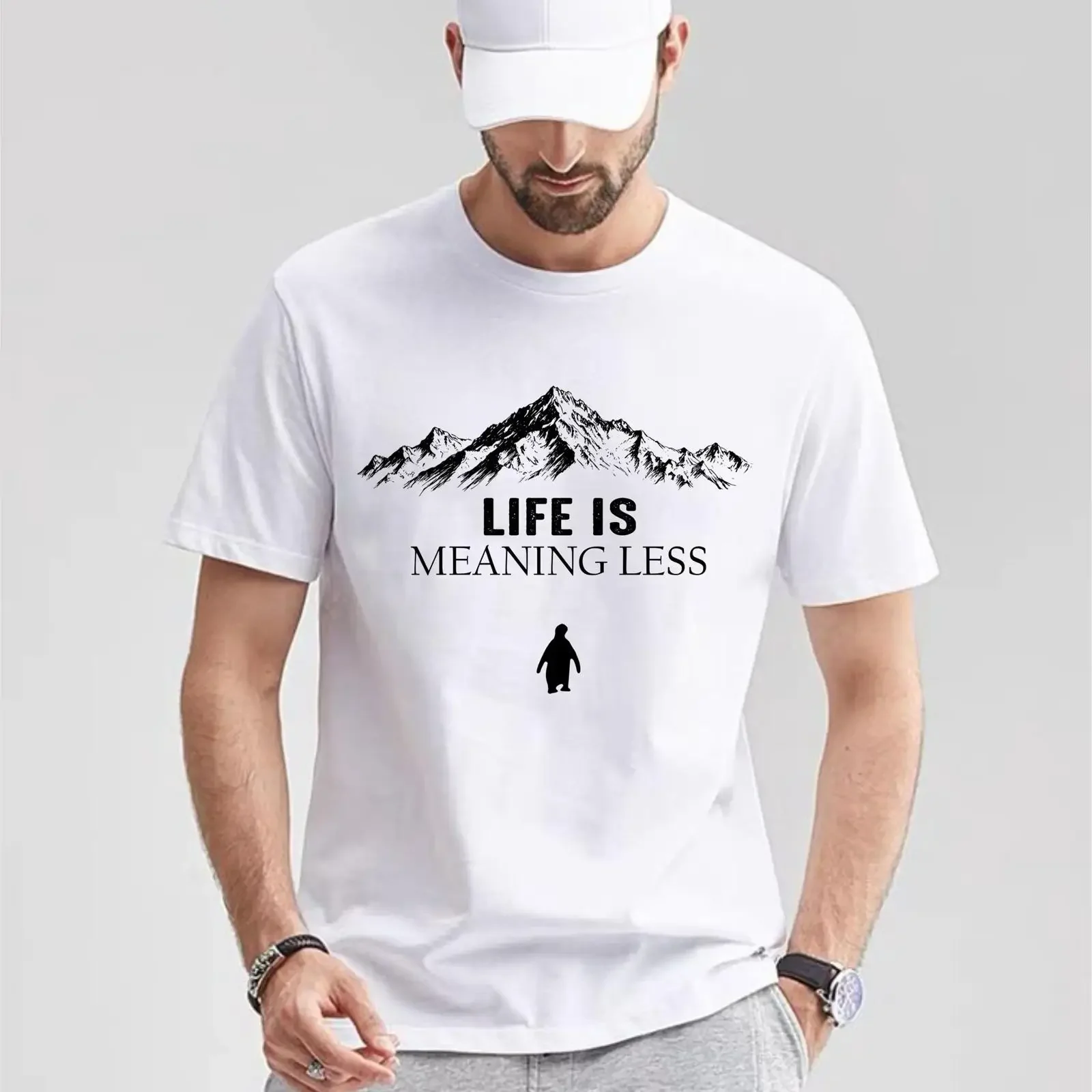 Life Is meaningless T Shirt Famous Penguin Lone Bird Top Latest Cotton vintage Washed Stretched Unisex Breathable graphic Soft
