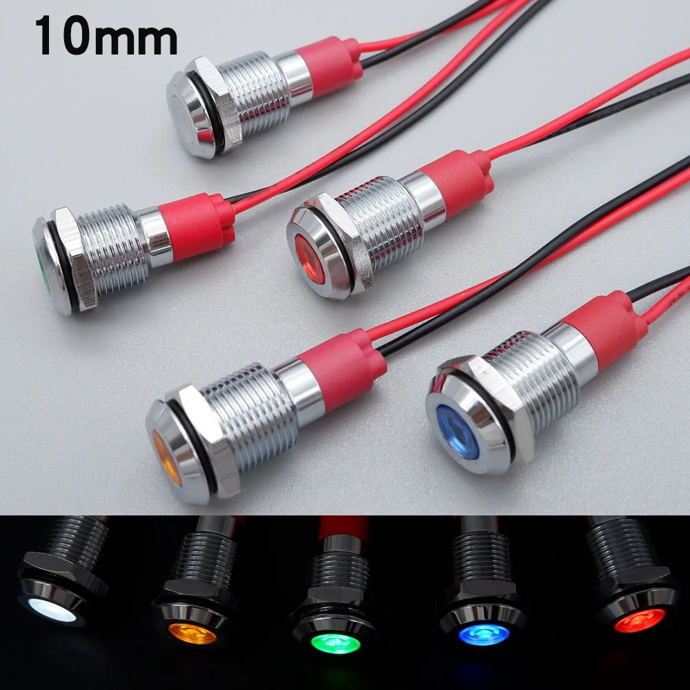 

10mm Metal Indicator LED Lamp Signal Light Waterproof With Wire 3v 5v 6v 12v 24v 110v 220v Red Blue Orange Green White 1pcs