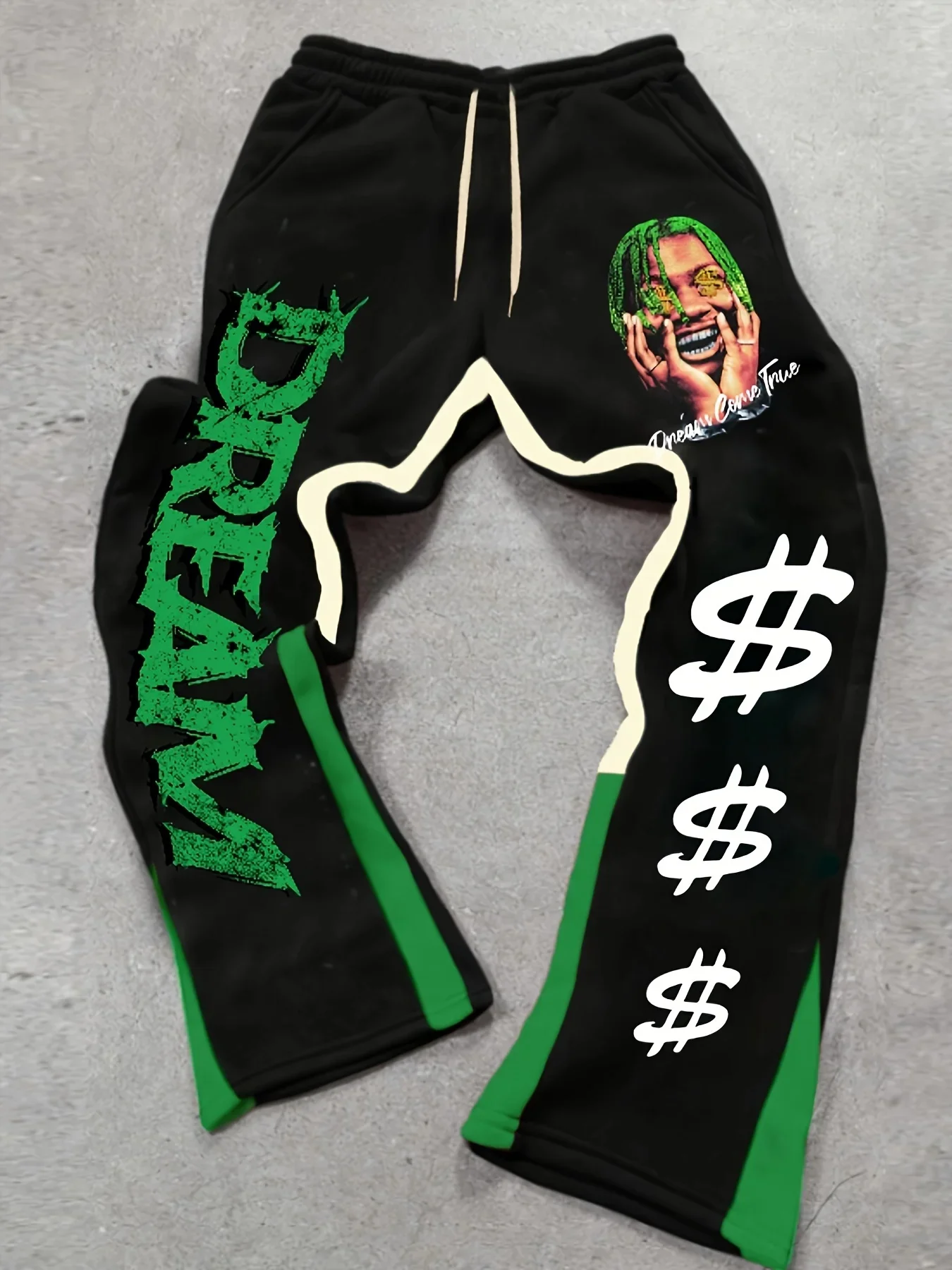 

Мужские модные уличные спортивные штаны черного и зеленого цвета с блочным рисунком, надписью DREAM и принтами в виде знаков доллара