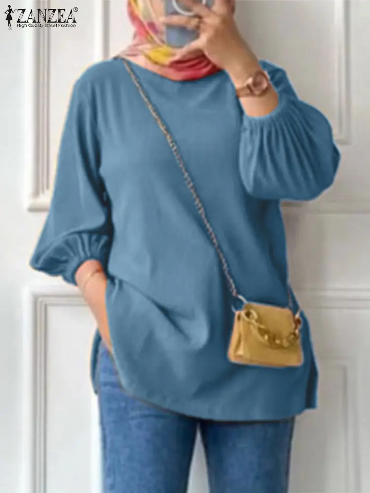 

Women Autumn Blouse ZANZEA Muslim Hijab Tops Fashion O Neck 3/4 Sleeve Work Shirt Casual Solid Loose Turkey Blusas Eid Mubarek