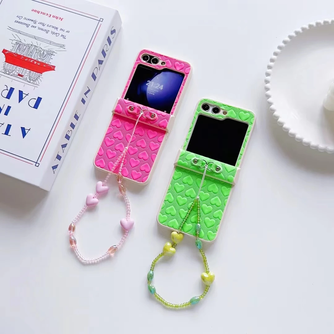 Korean Bubble Heart Pattern Case For Samsung Galaxy Z Flip5/ 4/ 3 5G Same color portable chain cover