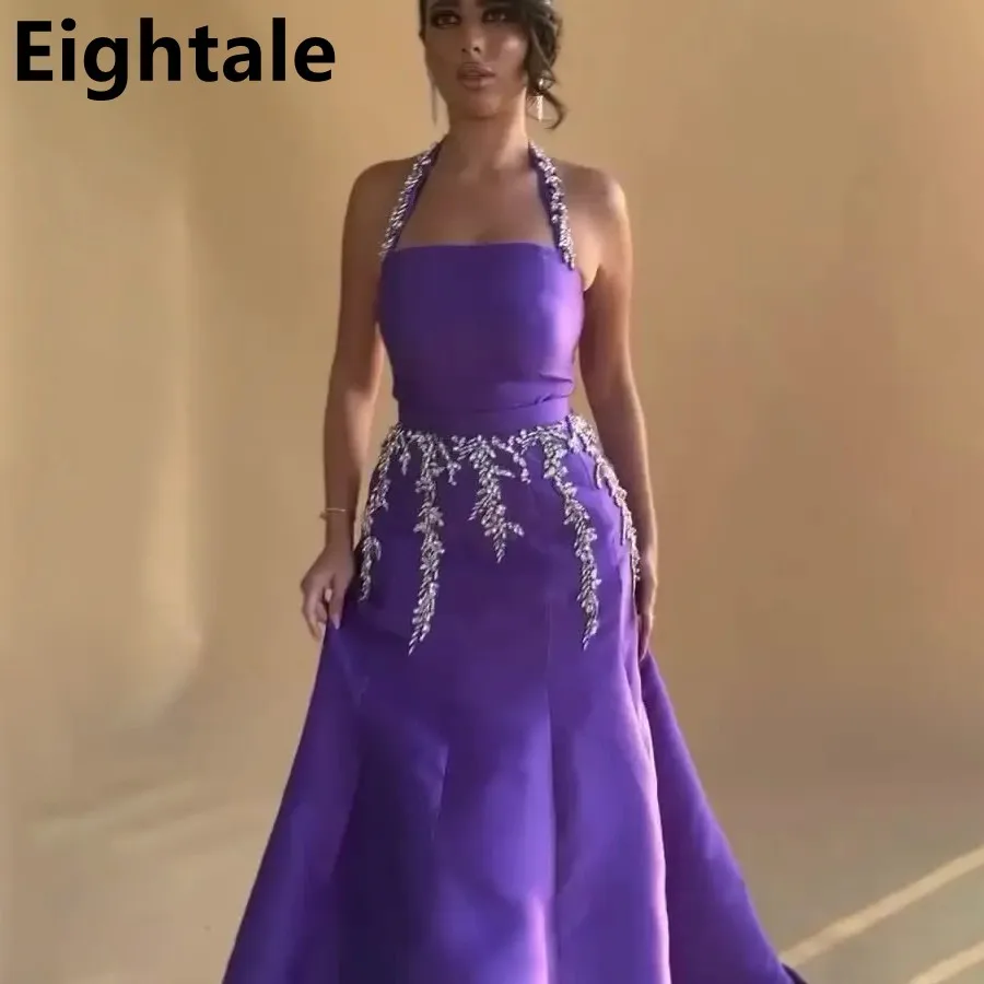 Eightale 2025 Purple Saudi Arabic Halter Neck Beaded Evening Dress Mermaid Prom Party Dress Women Formal Gowns Customized