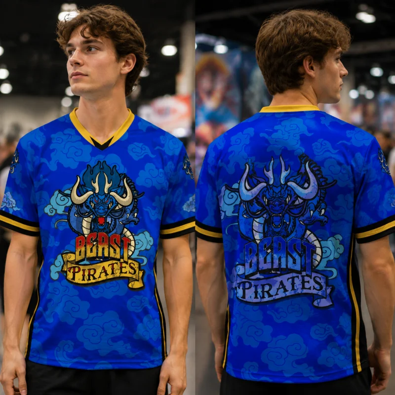 3D Full Print V Neck Sports Jersey Oriental Dragon Beast Pirates Logo Print Gold Black Cuff Breathable Quick Dry Bowling Tee