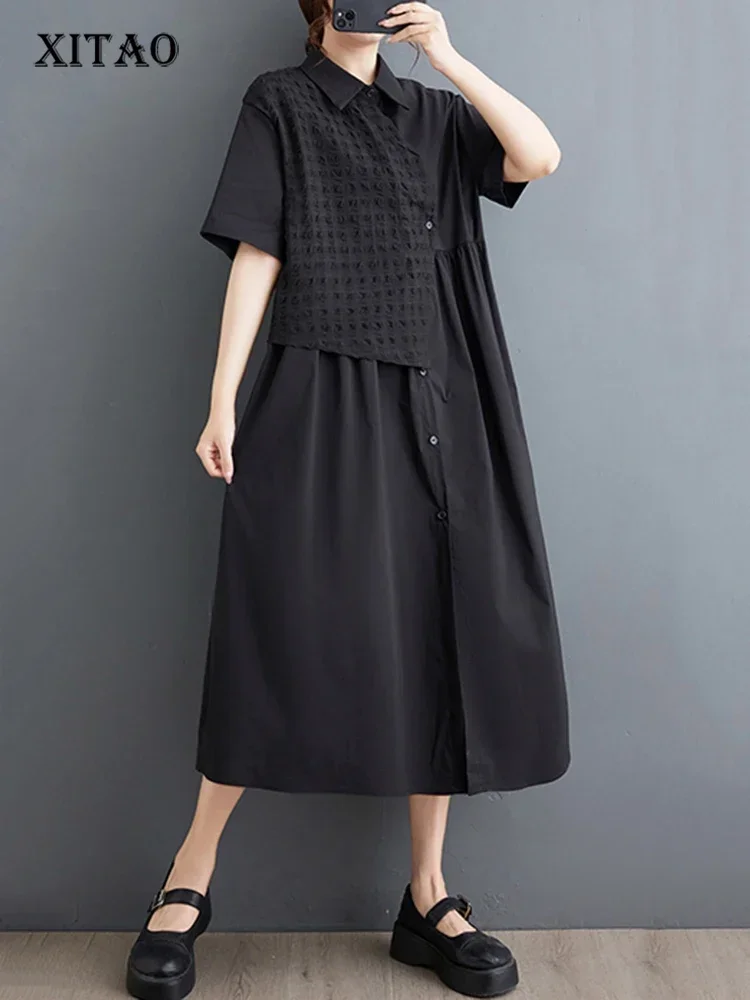 

XITAO Asymmetrical Patchwork Lace-up Female Dress Black Fashion Loose Short Sleeve Shirt Dress 2025 Summer New Women WLD20199