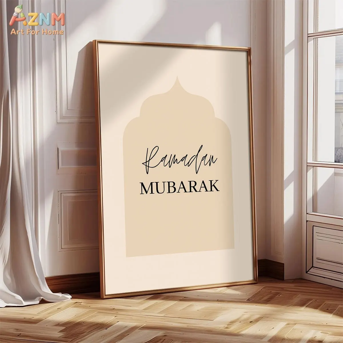 AZNM Ramadan Mubarak Canvas Print, Beige Mosque Arch Minimalist Wall Art, Frameless Canvas Painting for Islamic Home Decor