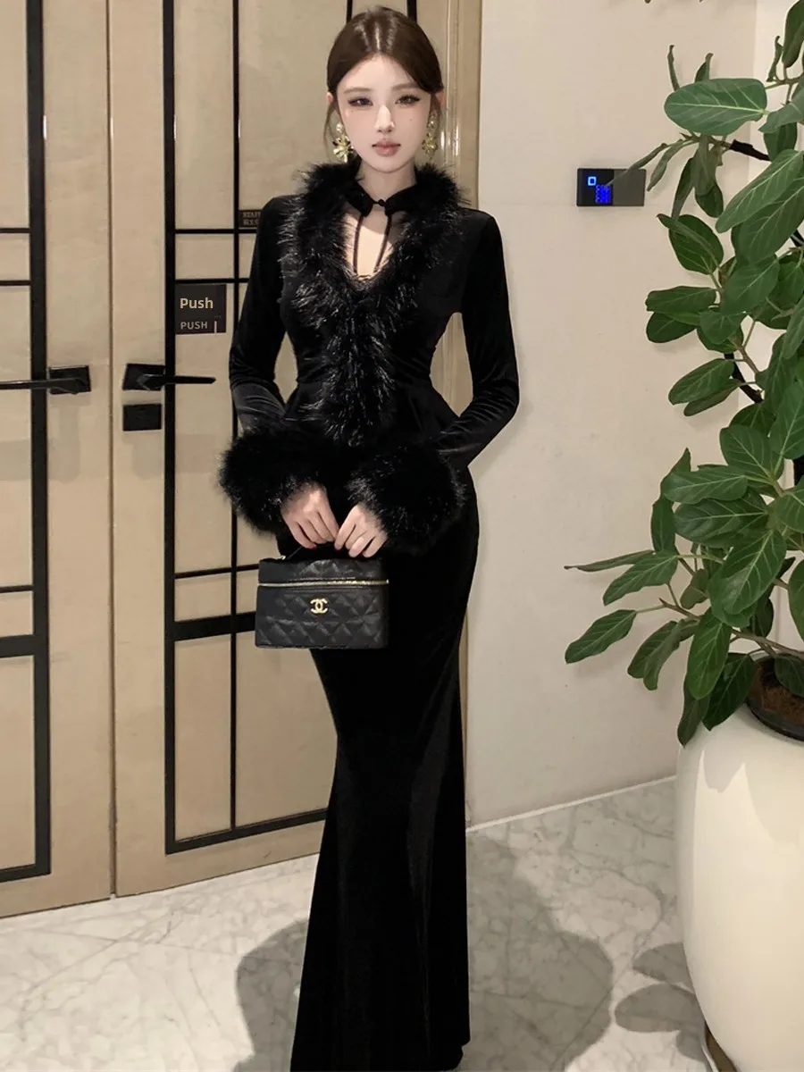 Elegant Velvet Wrap Dress with Mesh Paneling Long Sleeve V-Neck High Waist Thickened for Autumn Winter Sexy Bodycon Dress