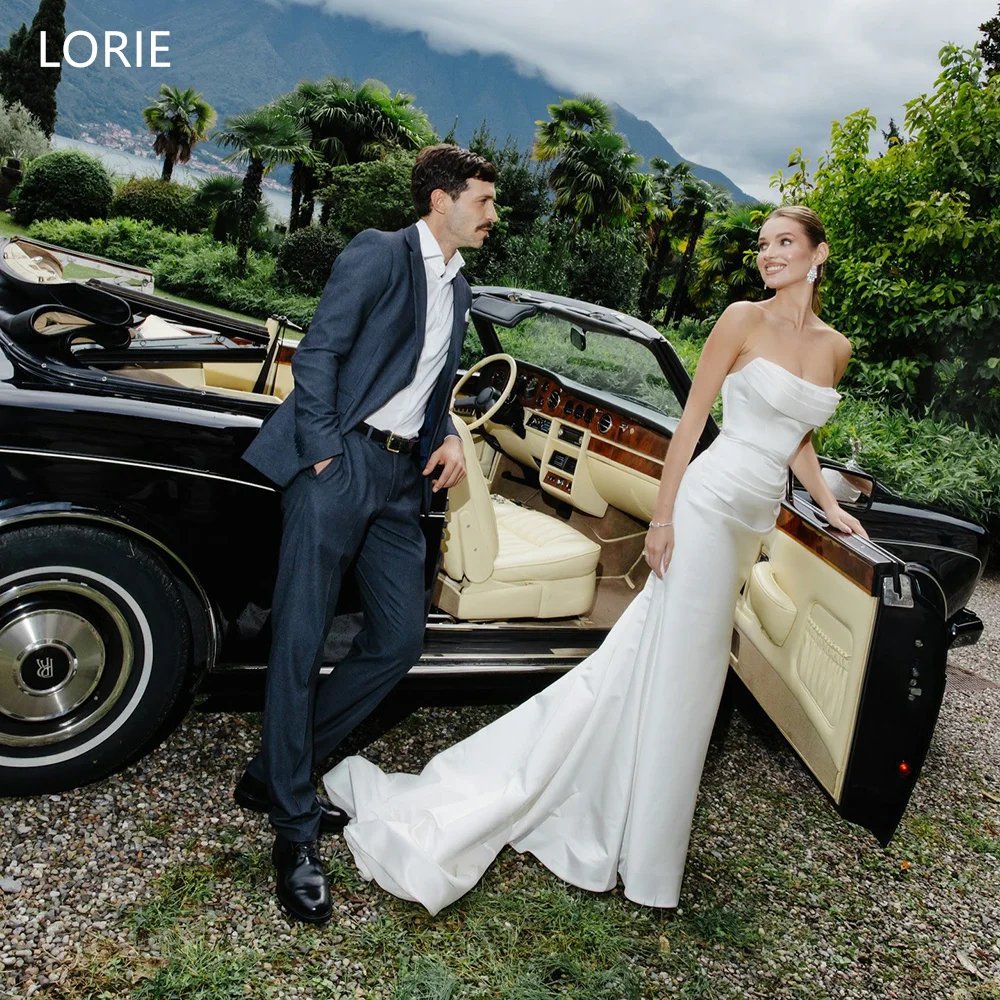

LORIE Chic White Stain Wedding Dresses Strapless Pleats Bride Prom Gown Mermaid Floor-Length Bridal Gowns Customized