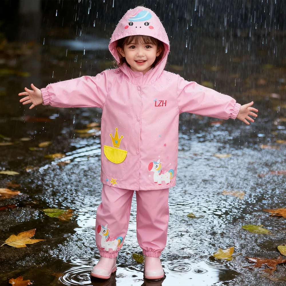 

Raincoat Sets For Children Unicorn Dinosaur Pattern Waterproof Hooded Jacket+Pants Suit Boys Girls Rainwear Outdoor Clothing
