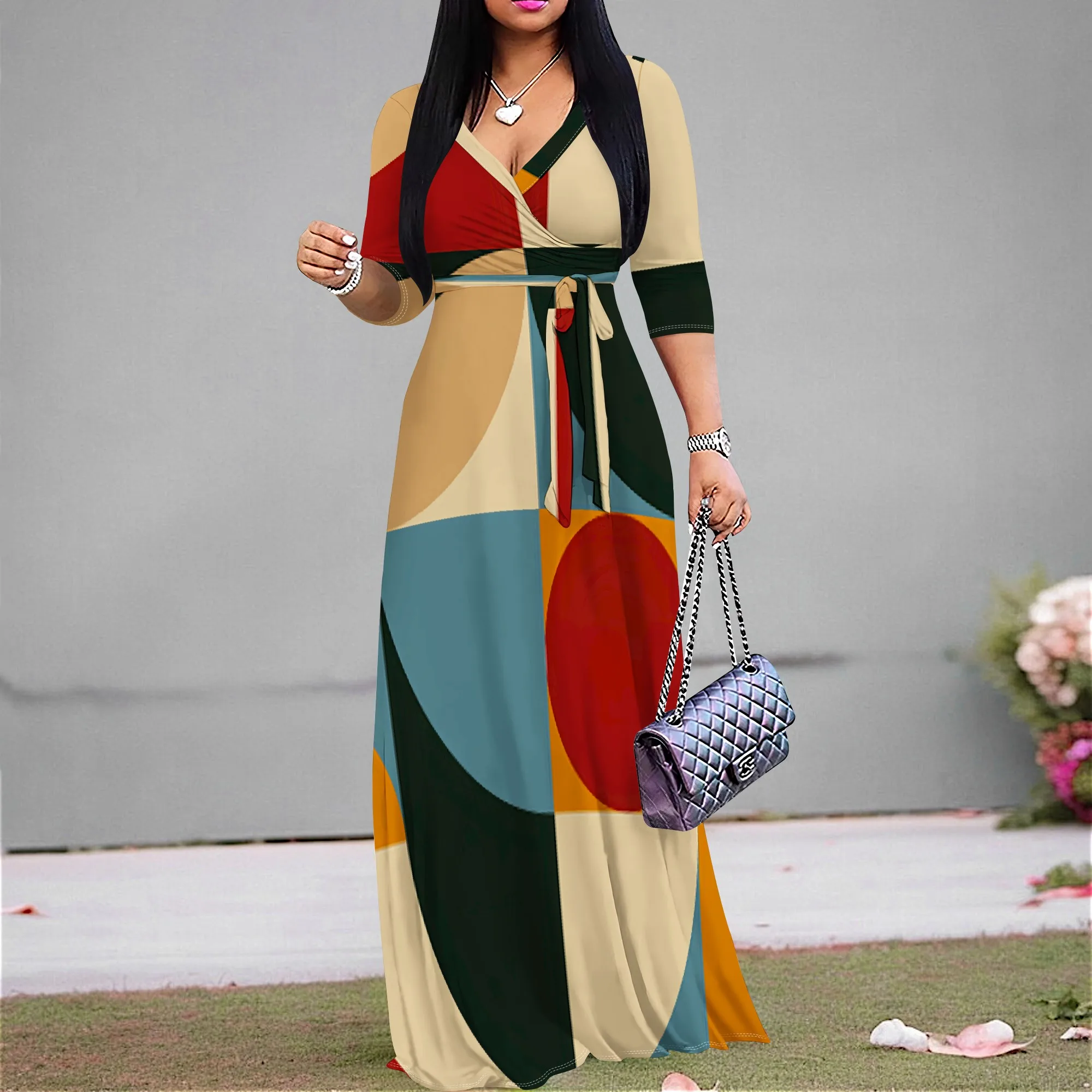 

Retro Geometric Maxi Dress S-3XL V-Neck Wrap Style with Belt & 3/4 Sleeves for Art Show, Church Event or Fall Gathering Look