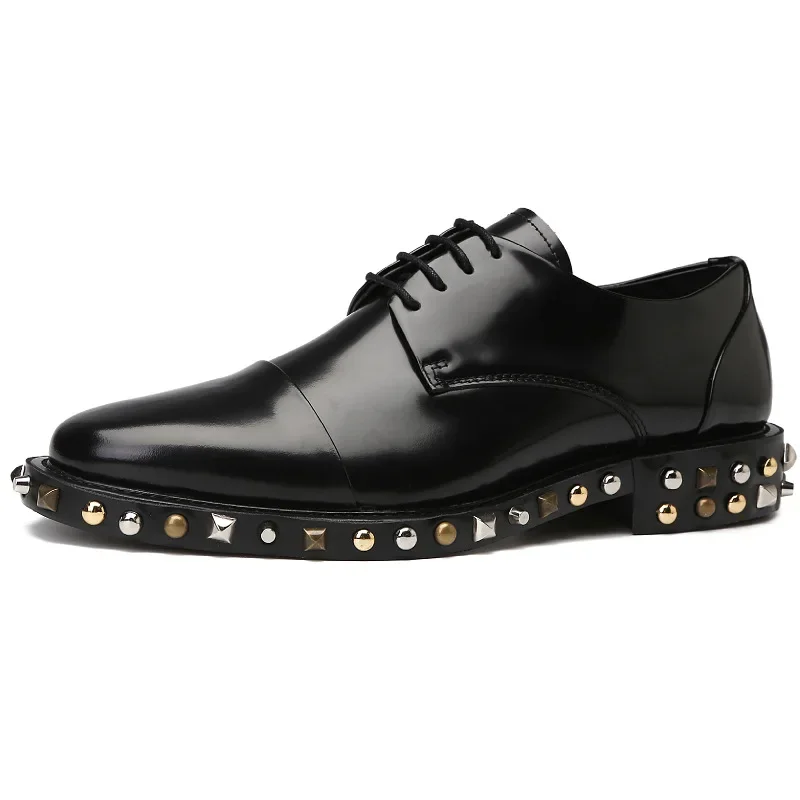 Men's Fashion Formal Leather Business Derby Shoes Toe Layer Genuine Leather Men's Shoes Trendy Metal Rivet Shoes for Men