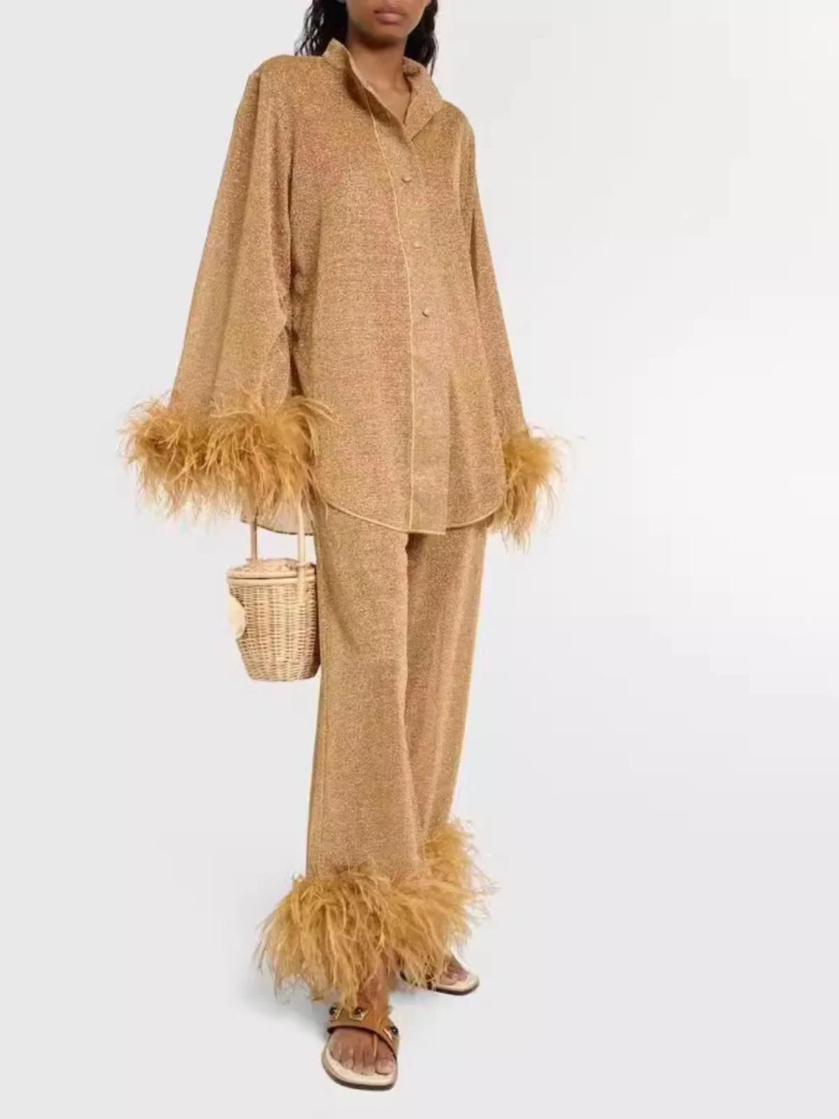 

2025 Spring winter Long Feather Top And Casual Pants Women's Suit Four Seasons Polyester Fabric Adult Fasion Set