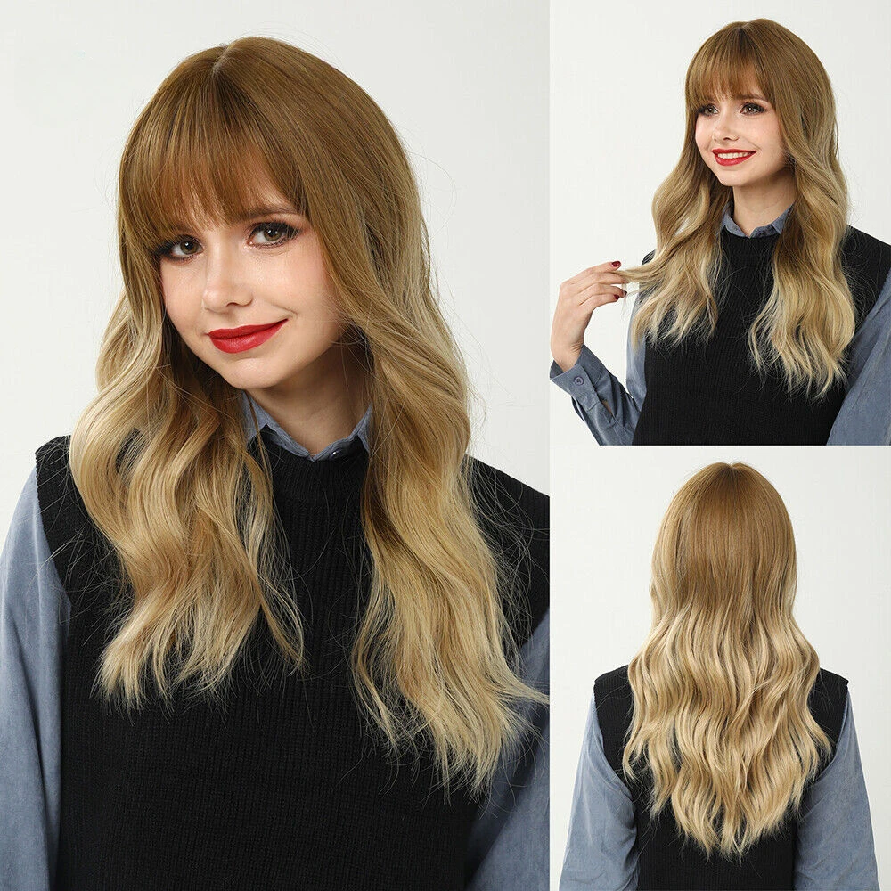 

Dark Brown to Honey Blonde Wig Bangs Long Wavy Women