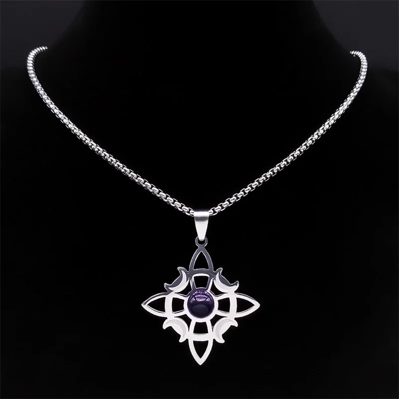 Wicca Witch Knot Moon Necklace for Women Men Silver Color Stainless Steel Witchcraft Protection Amulet Jewelry nudo de bruja