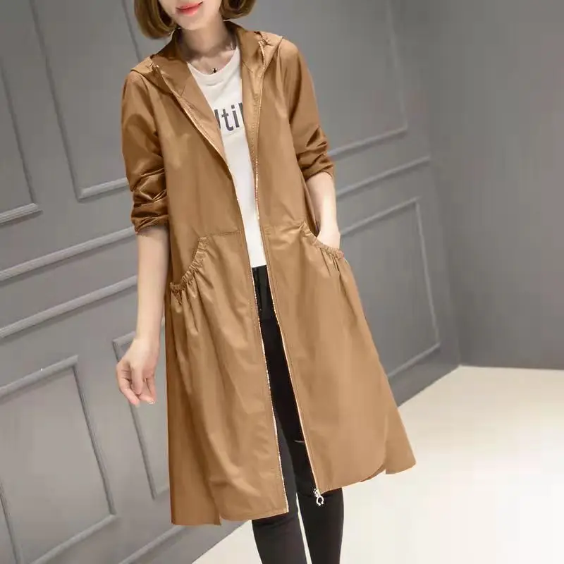 Spring and Summer Women's Mid-length Hooded Trench Loose Korean Fashion Coats Thin and Light Windbreaker Women's Clothing