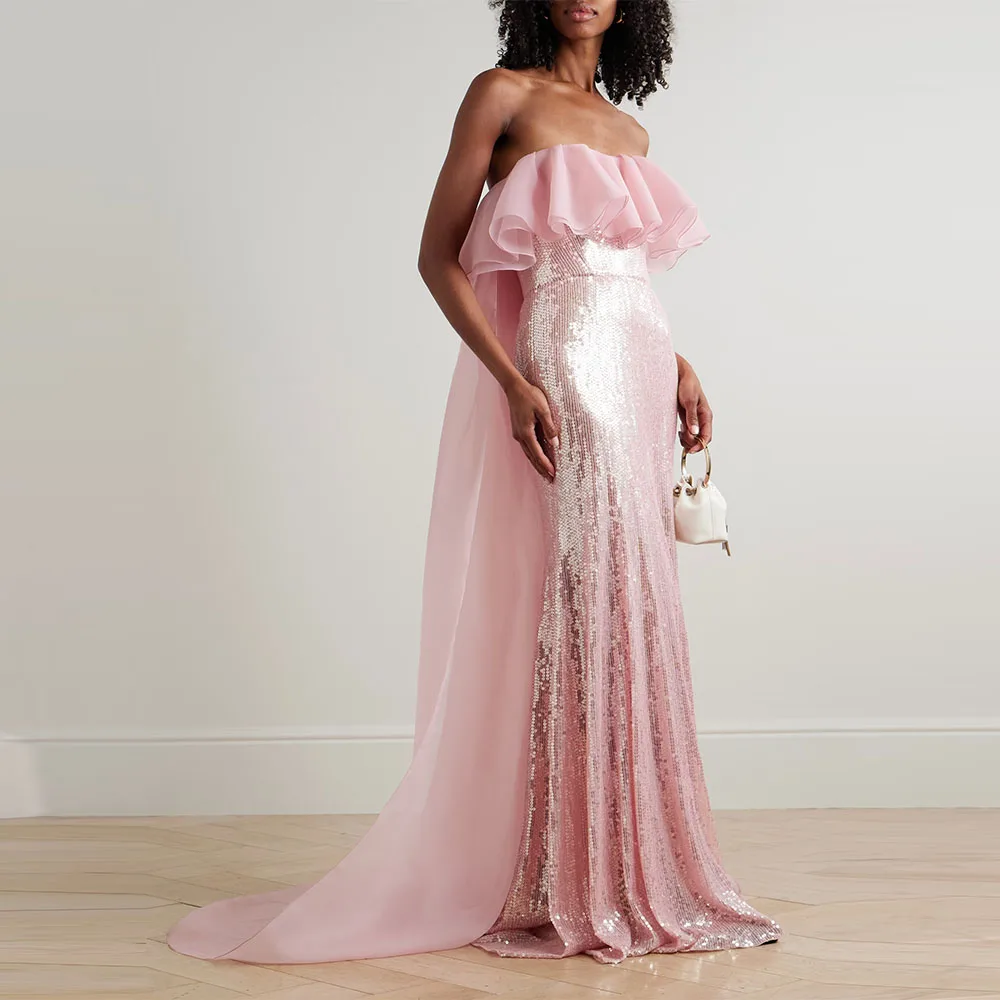 

Modern Custom Women's Evening Gown Mermaid Floor Length Formal Wedding Party Dress Strapless Saudi Dress Ruffles Prom Dress