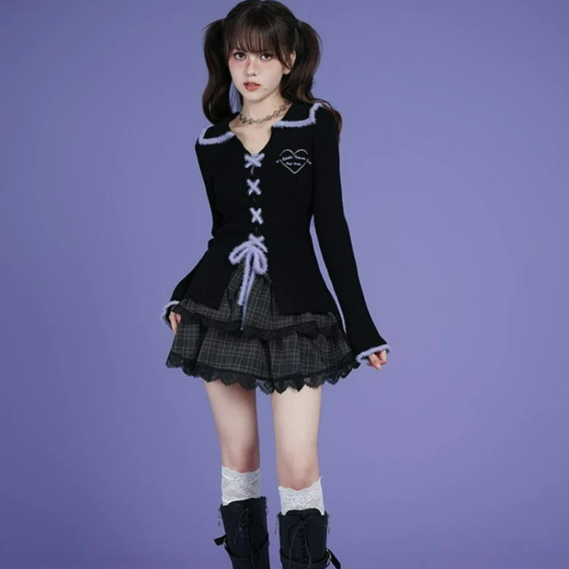 

Черный, фиолетовый, милый утягивающий вязаный свитер для женщин, осень 2026, новый стиль, модный утягивающий универсальный короткий топ для женщин