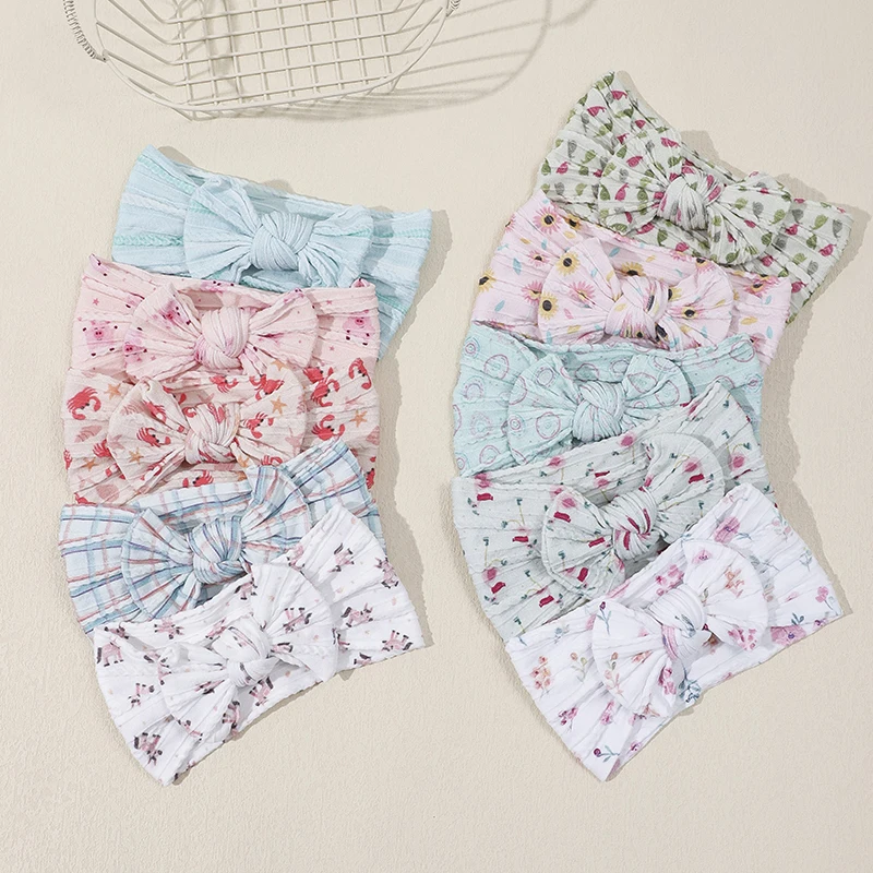 

20pcs Cartoon Floral Prints Nylon Headband Baby Tartan Plaid HeadWraps Kid Girl Cable Knit Turban Soft Headwear for Kids Bulk
