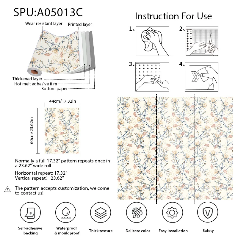 Papel tapiz autoadhesivo de flores, adhesivo de Pvc resistente al agua, extraíble, pegatinas florales para muebles