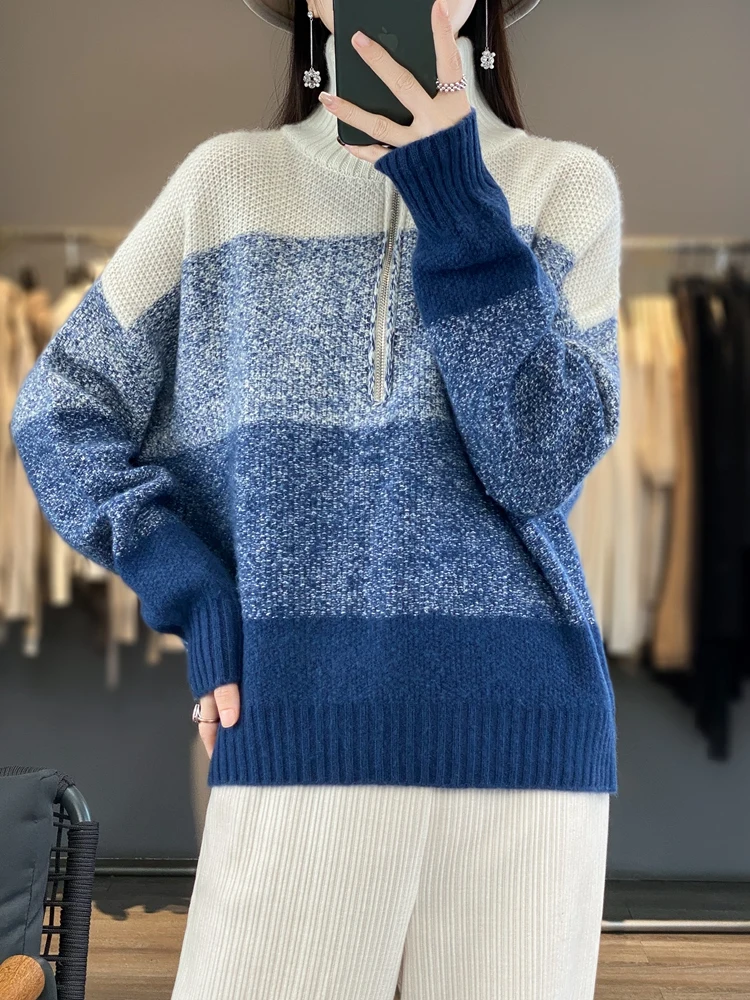 Zipper Women Fashion Sweater Autumn Winter Thick 100% Merino Wool Turn Down Collar Pullovers Cashmere Knitted Vintage Style Tops