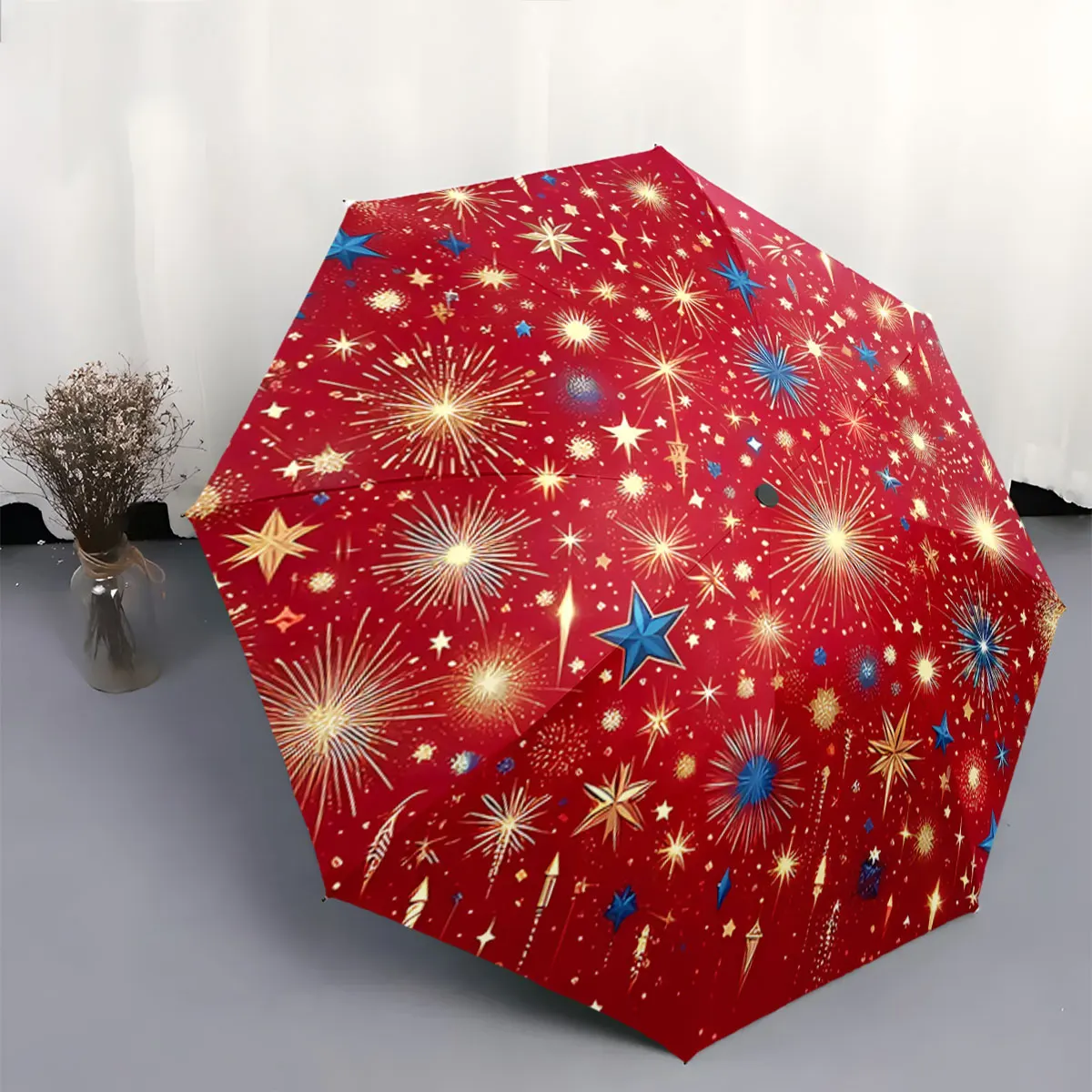 Red Umbrella with Gold and Blue Starburst Patterns portable waterproof sun rain umbrella for outdoor travel beach