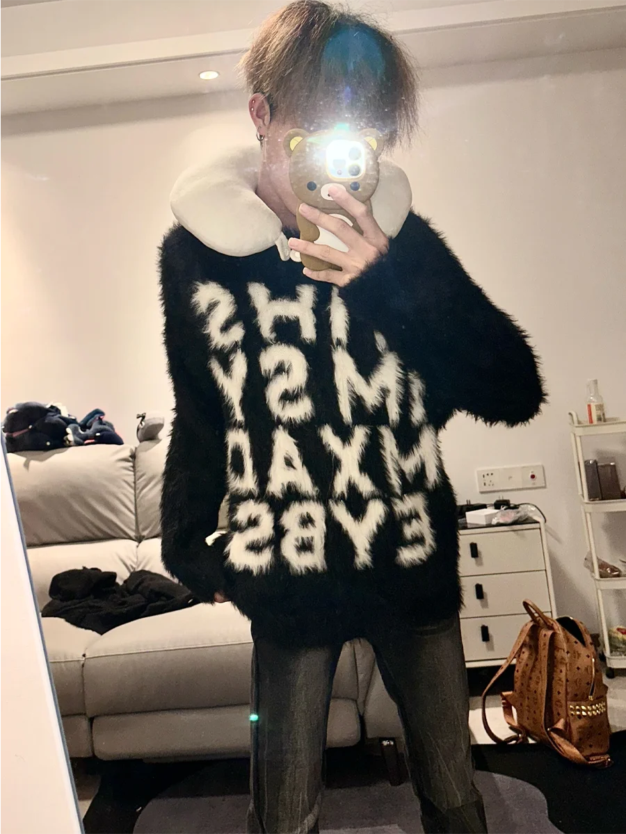 

American Retro Letter Men's Lazy Sle Knitted Sweater Couple Casual round Ne Jaet Versatile Comfortable Autumn Top