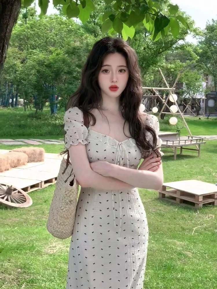 

SYJ Comfortable Home Large Size Square Collar Bubble Sve Dr Women Sexy Waist Cinching Slimming Long Dr