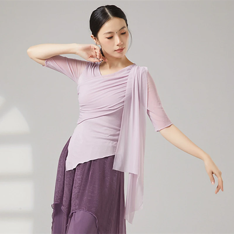 Abito da ballo moderno Top da donna Manica a rete svasata Camicia fluida in tulle con giunture Orlo irregolare Abiti da allenamento quotidiano Stage Yoga Chic Tee